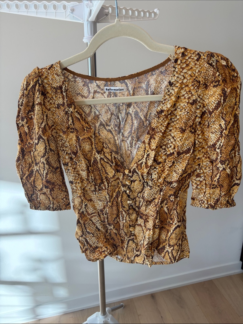 Reformation Brown Tan Snake-Print V-Neck Puff Sleeve Blouse